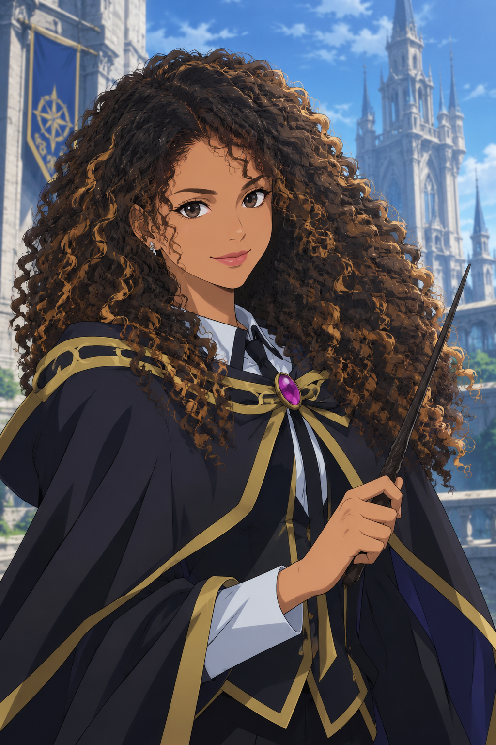 Retrato anime mágico de María Victoria inspirado en una academia de hechicería